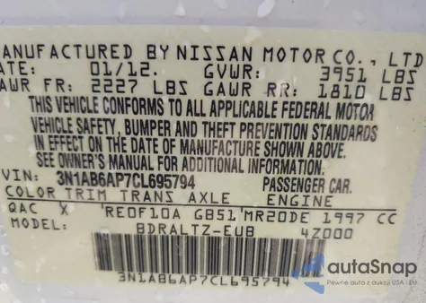 2012 Nissan Sentra 2.0 Sr из США, поврежденный, VIN 3N1AB6AP7CL695794